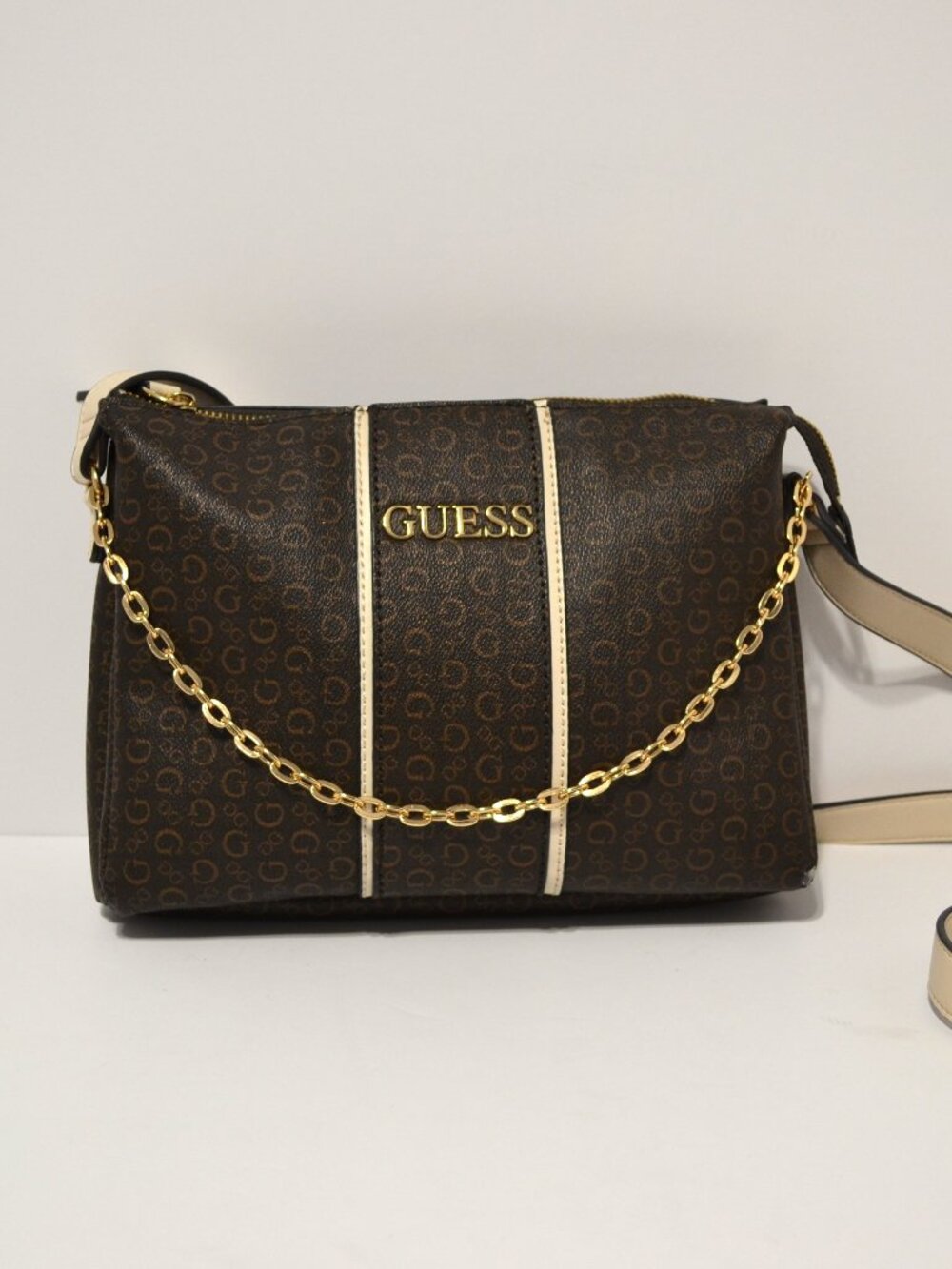 GUESS Brown Logo Crossbody Bag Gold Chain Accent Purse